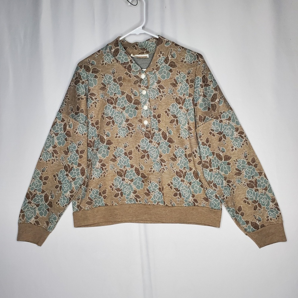 Season Ticket 80s Rose Floral Sweatshirt Button Top‎ Women XL Romantic Grunge